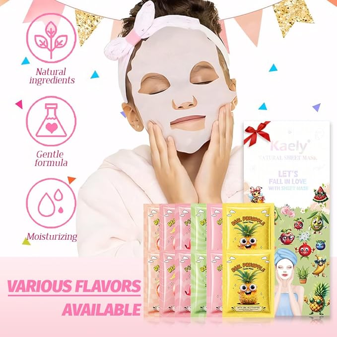 Kaely 12 Pack Fruit Face Masks for Kids, Kids Face Mask Spa Day Kit Supplies, Spa Party Favors for Teens Girls Women, Sheet Facial Mask Skincare Gifts Set, Moisturize Soothe for All Skin Types, 03