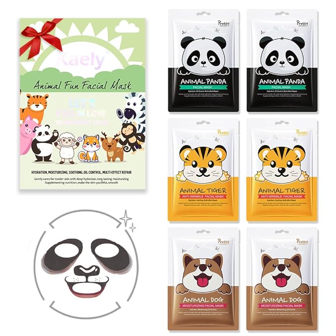 Kaely 6 Pack Kids Face Mask Spa, Animal Face Masks for Kids Teens Women Skincare, Animal Character Sheet Facial Mask for All Skin Types, Girls Night Party Skin Care Set, Birthday Christmas Gifts, 01