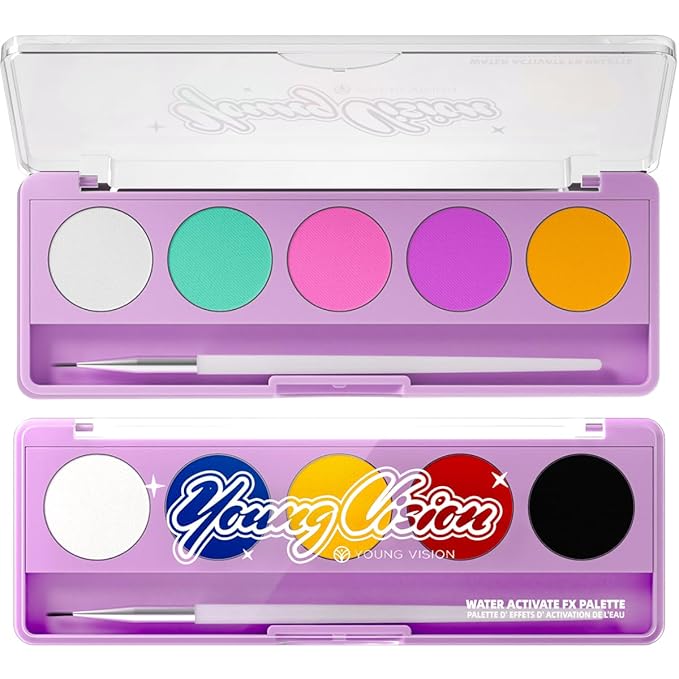 YOUNG VISION 2-PACK Water-Activated Face & Body Paint Palette Set – Neon Fluorescent, Glow Under UV and Blacklight, FX Makeup for Face Painting, Blacklight Glow, Eyeliner, and Body Art