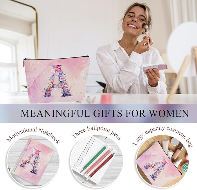 Personalized Gifts Monogrammed Birthday Gifts for Women, Bridesmaid Bachelorette Party Wedding Christmas Initial 20 oz Tumbler, Makeup Bag Pens Journal Notebook 6 Set, (Aesthetic Pink Flower A)