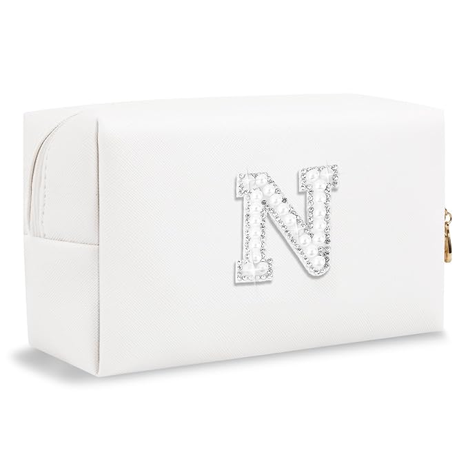 Bride Gifts – Personalized Initial Makeup Bag with Pearl Rhinestone Patch, Preppy White Monogram Cosmetic/Toiletry Pouch, bridesmaid Gifts, Bridal Shower Gifts, Wedding Gifts, Bridal Gifts,N