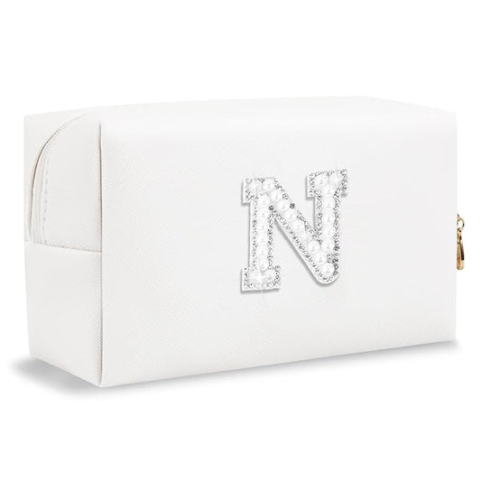 Bride Gifts – Personalized Initial Makeup Bag with Pearl Rhinestone Patch, Preppy White Monogram Cosmetic/Toiletry Pouch, bridesmaid Gifts, Bridal Shower Gifts, Wedding Gifts, Bridal Gifts,N