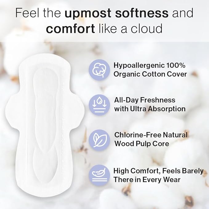 SANDIS Feminine Pad for Women - Regular 28 Count 100% Organic Cotton Ultra Thin with Wings for Periods Menstrual Pads Sanitary Napkins Super Absorbency Leak Protection