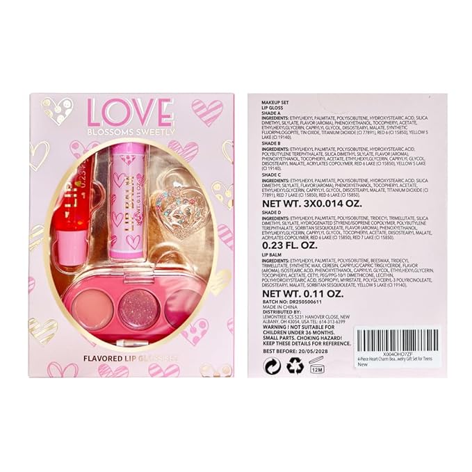 4-Piece Heart Charm Beauty Bundle - Squeeze Gloss and Lip Care and Make up Set for Girls, Unicorn Jewelry Gift Set for Teens