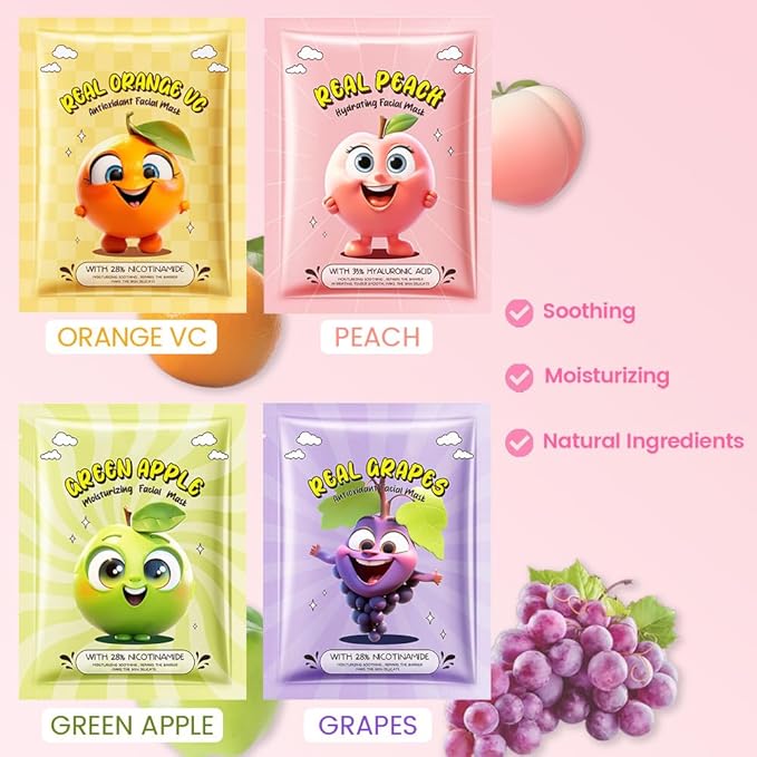 Kaely 12 Pack Fruit Face Masks for Kids, Kids Face Mask Spa Day Kit Supplies, Spa Party Favors for Teens Girls Women, Sheet Facial Mask Skincare Gifts Set, Moisturize Soothe for All Skin Types, 01