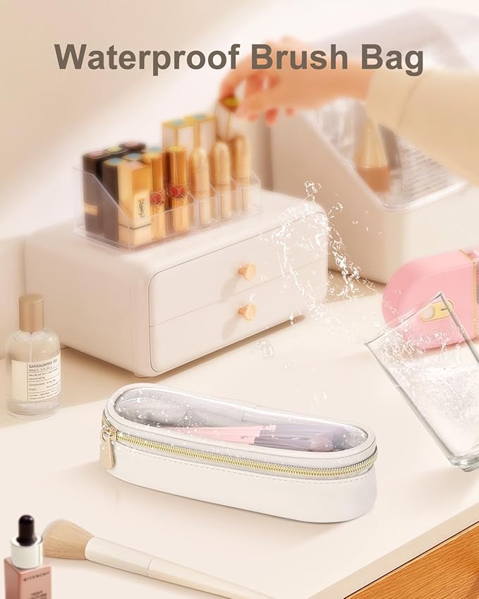 Clear Travel Makeup Brush Holder, Leather Makeup Brush Toiletry Bag, Portable Cosmetic Brush Case, Transparent Waterproof Makeup Brush Storage Bag, White