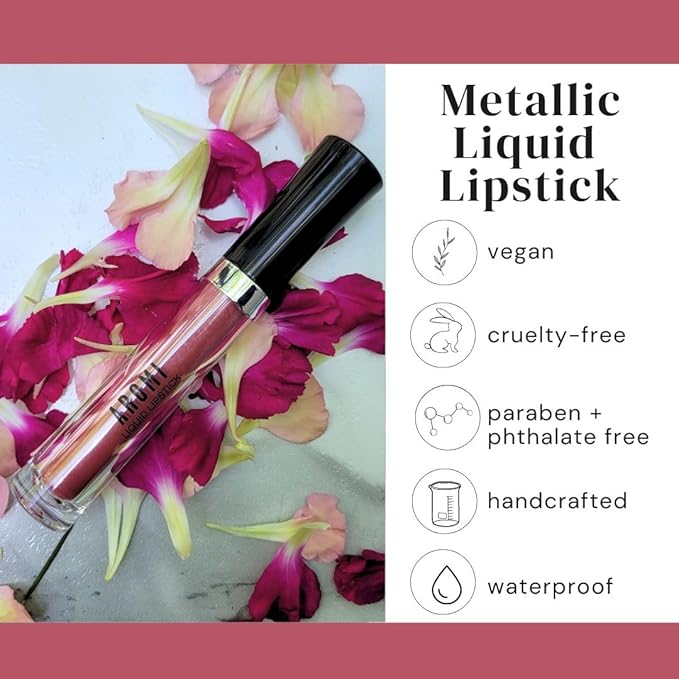 Aromi Metallic Liquid Lipstick | Rose Chestnut Lip Color with Shimmery Finish, Vegan, Cruelty-free, Long-lasting, Waterproof, Gluten Free (Alpine Bloom)