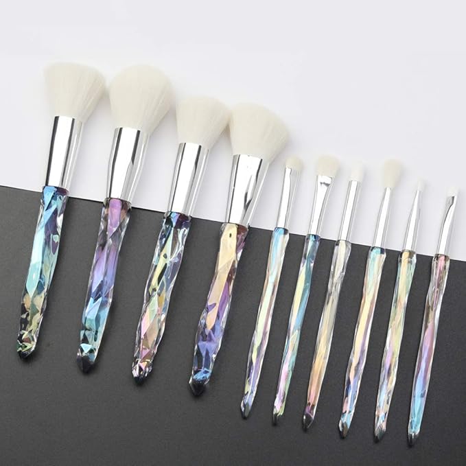 Makeup Brushes Crystal Handle Set, Tenmon 10 PCS Crystal Transparent Handle Kabuki Powder Foundation Brush Concealer Eye Shadow Eyeliner Eyebrow Brush (White)