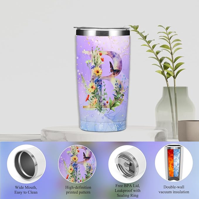 Personalized Gifts Monogrammed Birthday Gifts for Women, Cowerker Mom Boss Day Christmas Initial 20 oz Tumbler, Makeup Bag Cup Ballpoint Pens Journal Notebook 6 Set, (Aesthetic Purple Flower B)