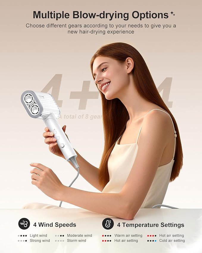 Hair Dryer, 220,000 RPM Dual High-Speed Brushless Motors Blow Dryer for 6X Fast Drying, 500 Million Negative Ionic Hair Dryers for Long Thick Hair, Low-Noise 4 Temps /4 Speeds