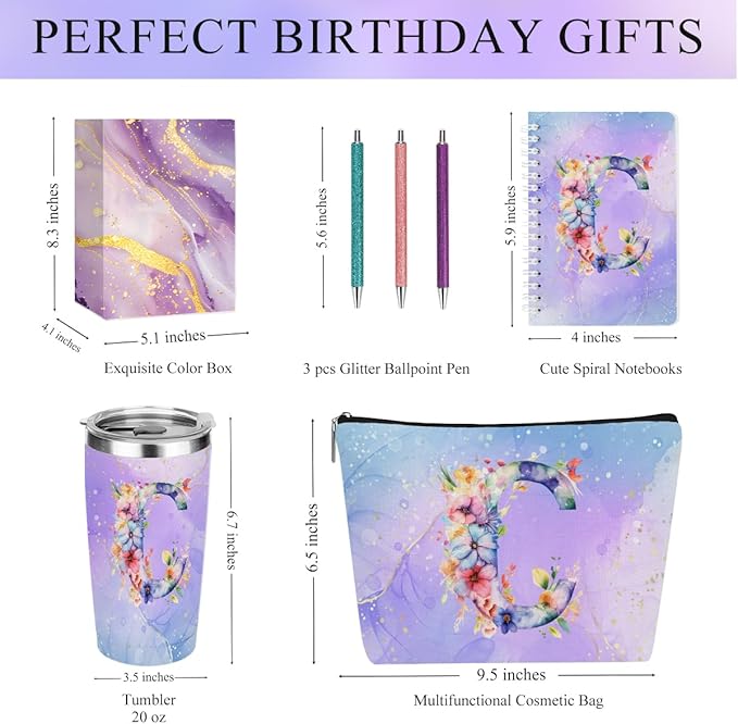 Personalized Gifts Monogrammed Birthday Gifts for Women, Cowerker Wife Sister Wedding Christmas Initial 20 oz Tumbler, Makeup Bag Cup Ballpoint Pens Journal Notebook 6 Set, (Aesthetic Purple Flower C)