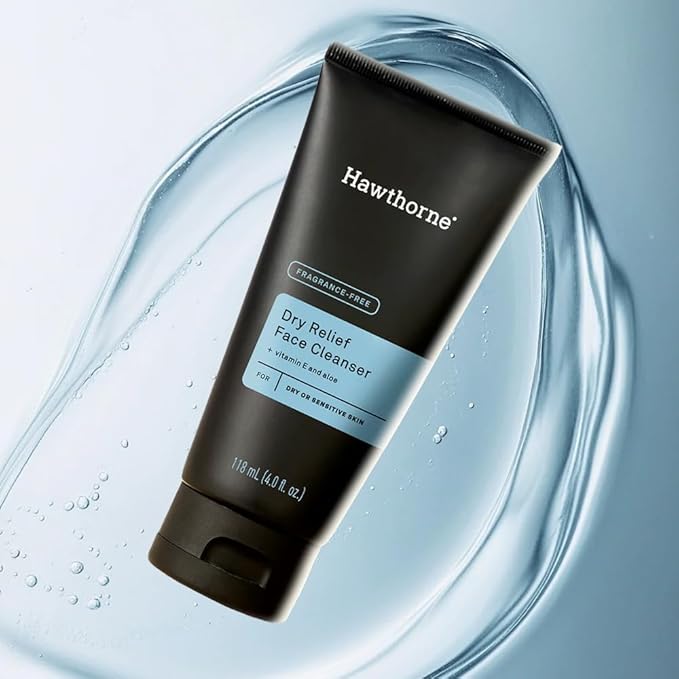 Hawthorne Men's Ultra Moisturizing Dry Relief Face Wash Cleanser For Dry Sensitive Skin. Soothing Vitamin E, Aloe Vera. Fragrance-Free. Natural Ingredients, Vegan, Sulfate Free. 2-Pack, 4 Fl. Oz. Each