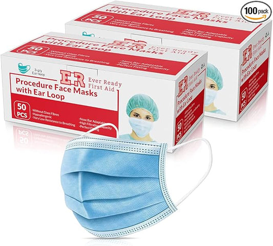 Ever Ready First Aid 3-ply Disposable Face Masks, Ear Loop Breathable Particle Mask, General Use – 100 Count