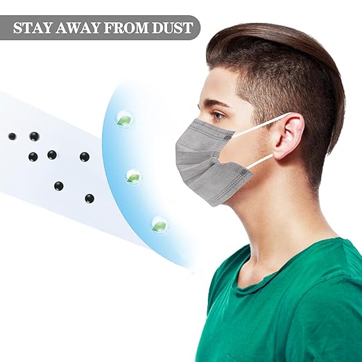 DC-BEAUTIFUL 100 Pcs Grey Disposable 3 Ply Earloop Face Masks,Fit for Adults