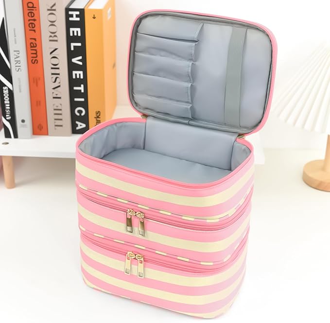 Three Layer Makeup Bag for Women Fashion Stripes Cosmetic Bag Preppy Style Travel Water-Resistant Toiletry Bag for Storage Toiletries Cosmetics Sets for Women Teen Girls Pink