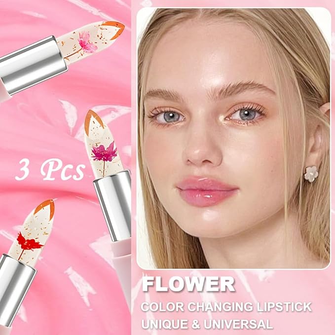 BINGBRUSH 6Pcs Color Changing Lipstick,Pink Crystal Flower Jelly PH Mood Long Lasting Labiales Lip Care Moisturizer Lip Balm Korean Magic Lip Gloss 24 Hours Lip Tinted Stain Makeup Set for Women