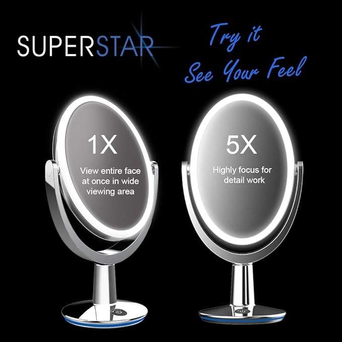Superstar Oval Shaped Dual-Sided Lighted Makeup Mirror, 1X/5X Magnifying Vanity Makeup Mirror, 360 Degree Rotating Adjustable Brightness Mirror, Brushed Nickel