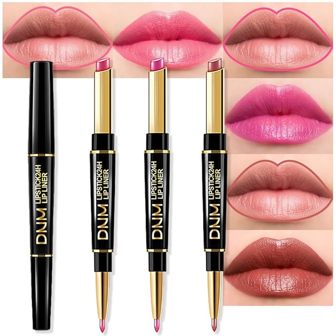 evpct 3Pcs Mauve Warm Bright Pink Red Shine Lip Liner and Lipstick Combo Set Kit for Women, Moisturizing Glossy Tinted Lip Stick Balm Care, Sheer Shine Juicy Finish, Lightweight Hydrating Formula