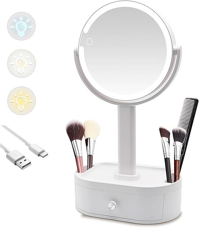 Makeup Mirror with Lights, 10X Magnifying Mirror with Light - 80 LED Vanity Mirror, 3 Color Modes & Stepless Dimming, Lighted Makeup Mirror with Magnification, Shatterproof & Stable Base