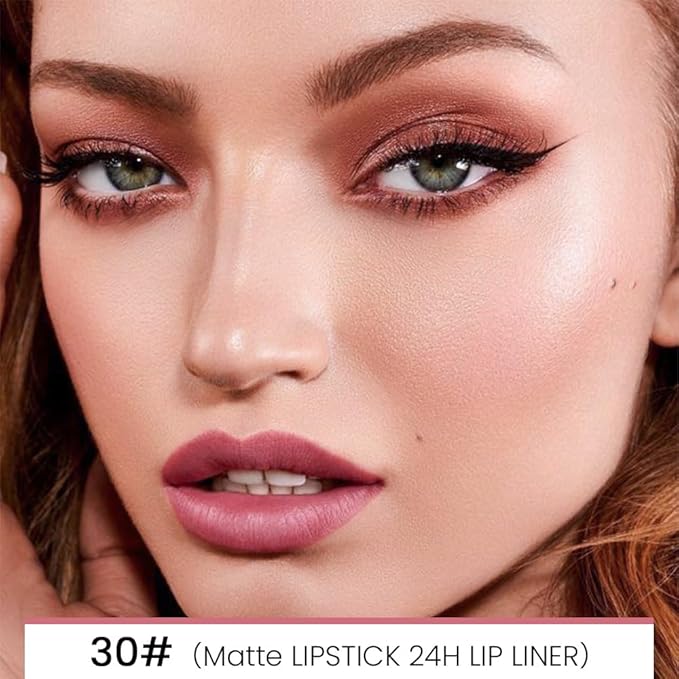 evpct 1Pcs More Blush Lip Liner and Lipstick Set Kit for Women, Matte Lips Kit with Lip Liner Lip Stains Long Lasting Waterproof 24 Hour Lipstick and Lip Liners Combo Lipliners Pencil 30#