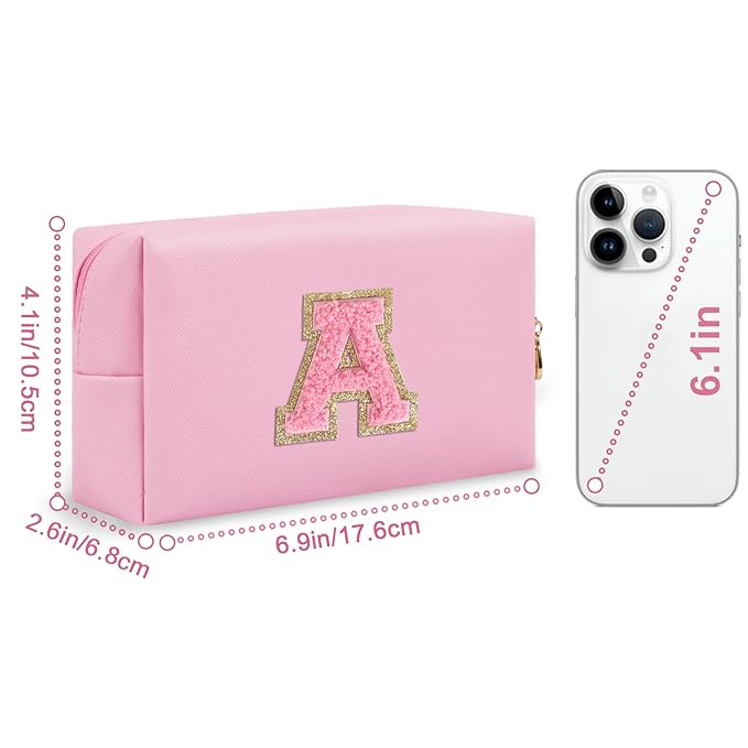 Personalized Initial A-Z Preppy Patch Makeup Bag,Small PU Leather Chenille Letter Cosmetic Bag with Zipper for Teen Girls,Pink Cute Travel Toiletry Bag,Birthday Monogrammed Gift for Daughter,Letter A