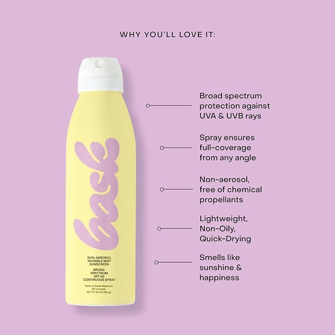 Bask Suncare SPF 50 Sunscreen Spray - Non-Aerosol, Broad Spectrum UVA/UVB Protection, Dermatologist Recommended, Moisturizing, Lightweight & Fast-Absorbing, 5.5 oz