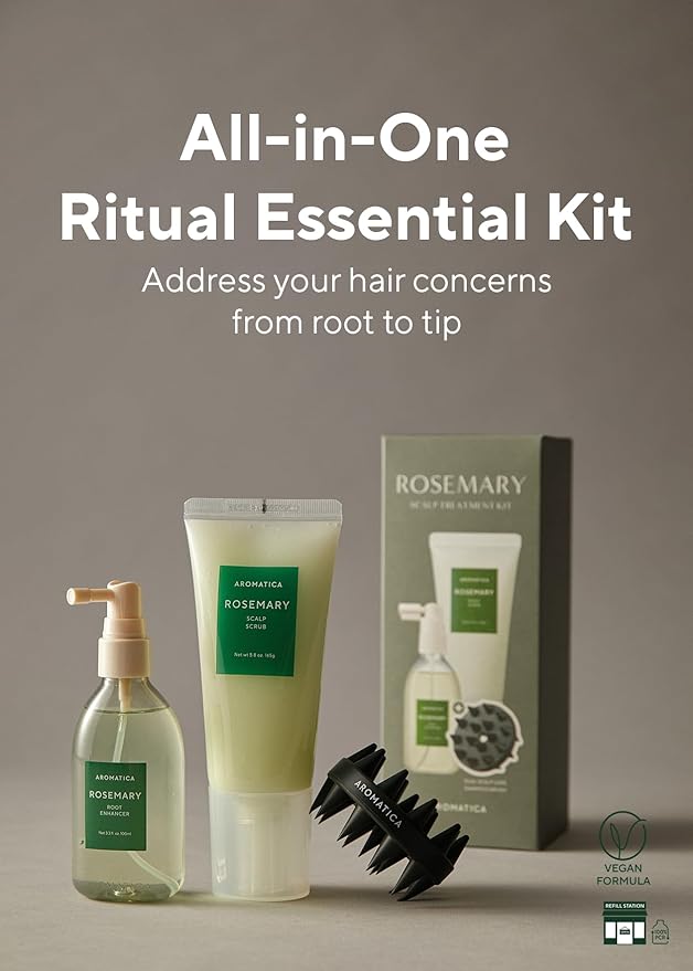 AROMATICA Rosemary Scalp Care Gift Set - Hydrating Scalp Treatment with Rosemary Enhancer, Rosemary Scalp Scrub and Dual Scalp Brush - Free from Sulfate, Silicone, and Paraben, Korean Hair Care.