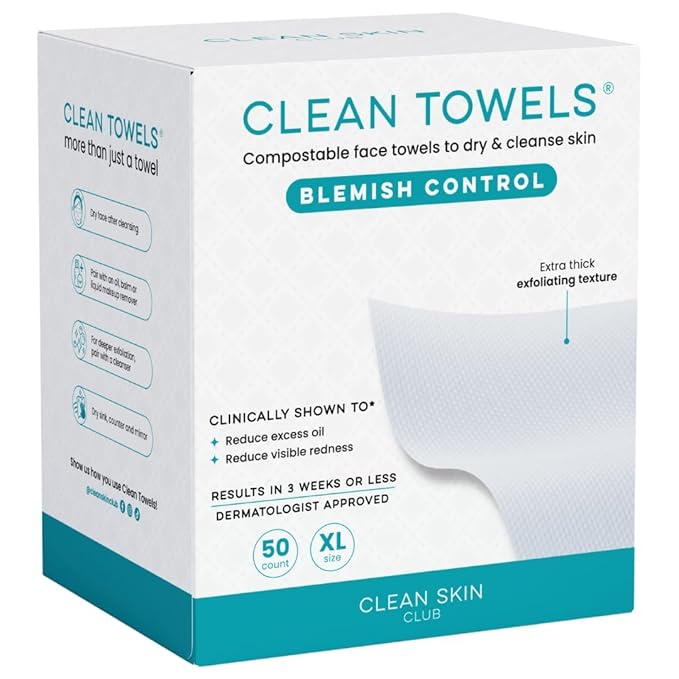 Clean Skin Club Blemish Control Clean Towels® XL, Compostable Face Towels, Light Exfoliation for Oily Skin, Eczema Association Accepted Disposable Face Towelette, Makeup Remover Dry Wipes, 50 count