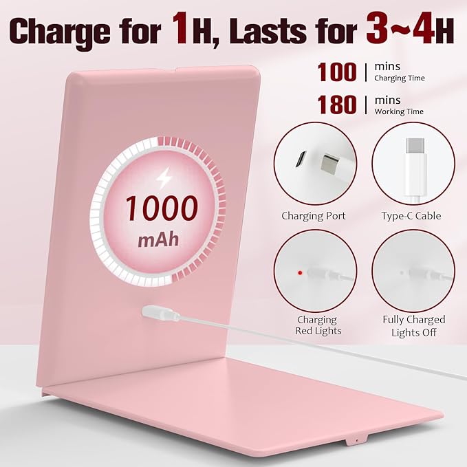 Travel Makeup Mirror with Lights, Rechargeable Portable Folding Compact Mirror Set with Tweezer, Lighted Makeup Mirror with 72 LED 3 Color Light Modes, Dimmable Touch Screen LED Mirrors-Pink