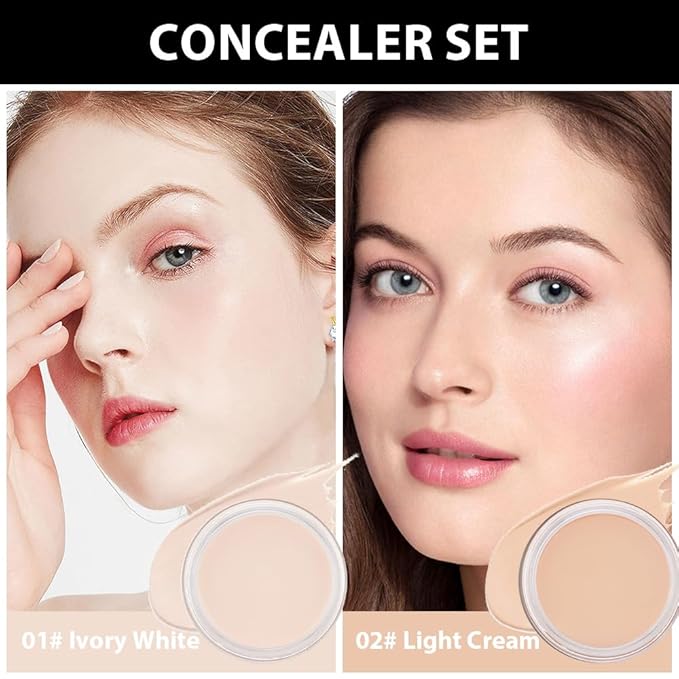 Kaely 2Pcs Pot Concealer Full Coverage Set, Under Eye Brightener Color Correcting Concealer for Dark Circles, Waterproof Foundation Face Makeup Brush Kit, Eye Ring Corrector de ojeras, 01+02