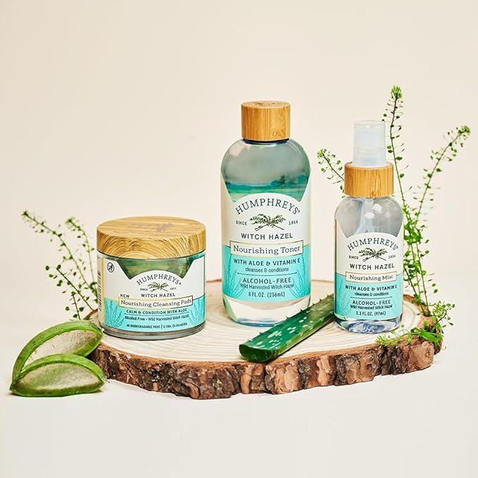 Humphreys Witch Hazel Nourishing Cleansing Pads | Wild Harvested Witch Hazel & Aloe | Hydrating, Natural Alcohol-Free Formula | 60 Rounds