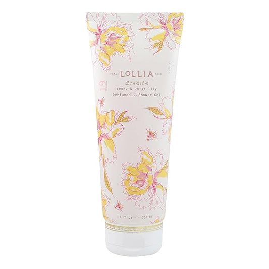 LOLLIA Breathe Shower Gel, 8 fl oz, Peony & White Lily, Luxury Shea Moisture Hydrating Women's Body Wash, Delicate & Relaxing Scented Bath Soap for Self Care