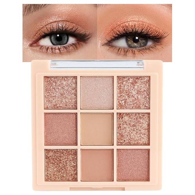 9Colors Champagne Rose Gold Eye Shadow Palette Makeup,Shimmer Pink Eyeshadow Palette Nude Glitter Sparkly Eye Shadows Long Lasting Waterproof Blendable Naturing-Looking