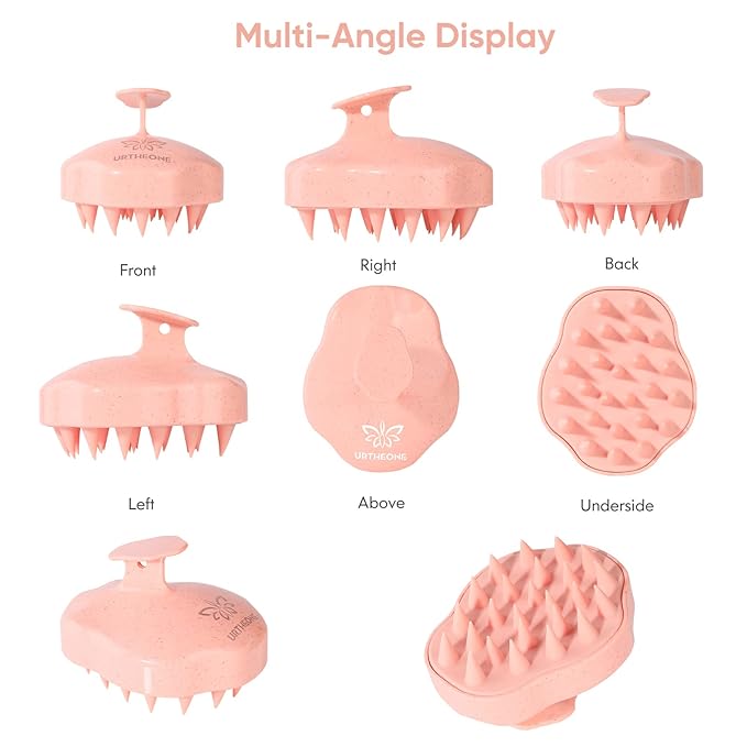 URTHEONE Scalp Massager Shampoo Brush, Hair Scalp Scrubber Head Massager with Soft Silicone Bristles for Women Men Kids Pets Shower and Hair Growth(Pink) Includes 5 Pcs Hair Ties