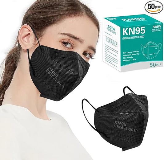 50PCS KN95 Face Masks Black 5 Layer Cup Dust Safety Filter Efficiency≥95% with Elastic Ear Loops and Nose Bridge Clip Breathable Mask