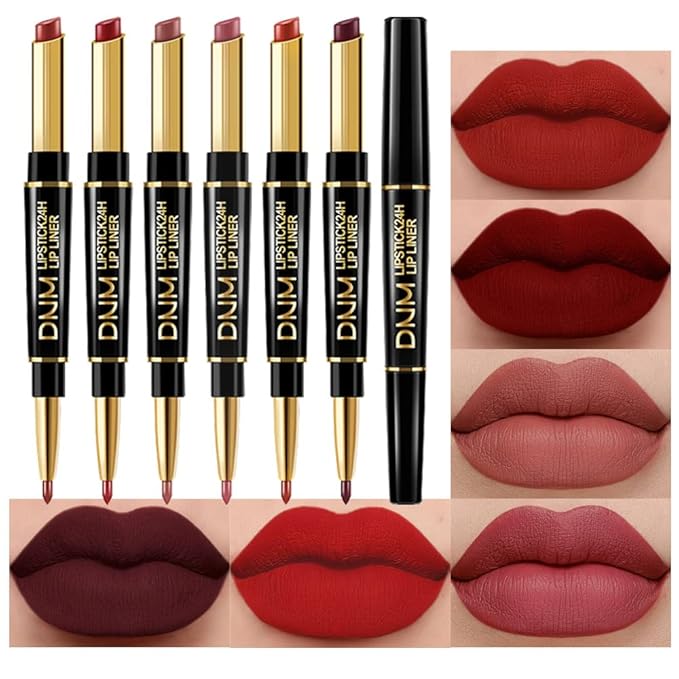 evpct 6Pcs Red Lip Liner and Lipstick Lip Stain Crayon Gift Set for Women Dark Deep Red Nude Long Lasting 24 Hour Matte Color Stay Lipstick with Lip Liner Set labiales mate 24 horas originales