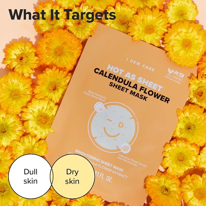 I DEW CARE Real Herb Calendula Sheet Face Mask - Hot As Sheet | Korean Face Masks Skincare, Moisturizing and Calming for Dry Skin with Calendula Flower Extract, 2% Niacinamide, 10EA