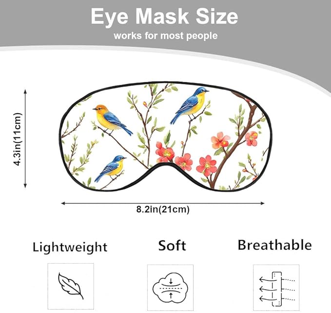 Cute Blue Birds Sleep Eye Mask Eye Cover Tree Branch Green Leaves Red Flower Silk Eye Mask for Sleeping with Adjustable Strap for Travel Nap Shift Work Office