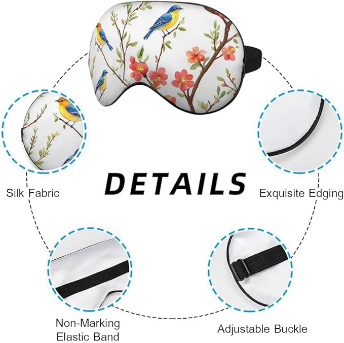 Cute Blue Birds Sleep Eye Mask Eye Cover Tree Branch Green Leaves Red Flower Silk Eye Mask for Sleeping with Adjustable Strap for Travel Nap Shift Work Office