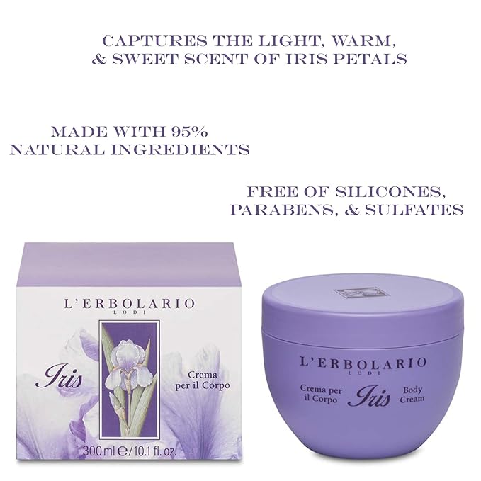 L'Erbolario Body Cream - Moisturizing Skin Care Body Butter for Women - Rich, Buttery with Floral Fragrance - Softening, Elasticizing - Iris - 10 oz