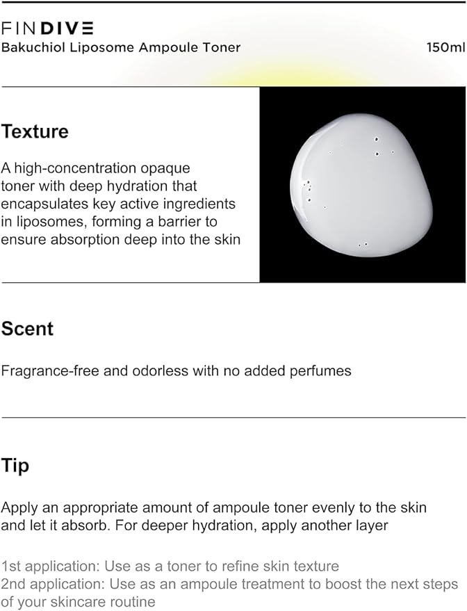 [FINDIVE Official] Bakuchiol Liposome Ampoule Toner, Bakuchiol, Plan-Based Retinal Alternative, Liposomal Squalane1%, Allantoin, Anti Wrinkle Toner, 5.07fl.oz