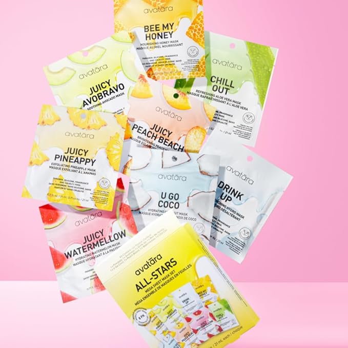 Avatara All-Stars 8-Pack Facial Sheet Mask Variety Pack | Clean K-Beauty Set for Dry, Sensitive, Uneven Skin | Gentle Moisture | Fragrance-Free, Paraben-Free & Cruelty-Free Korean Masks