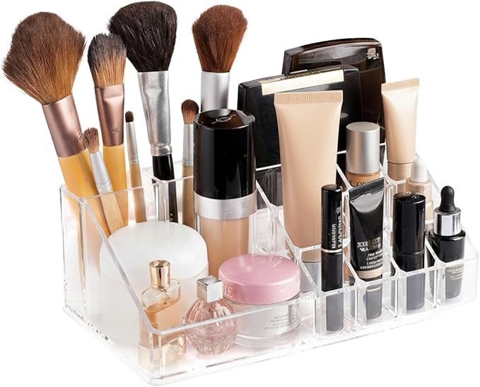 Masirs Clear Makeup Organizer - 16-Compartment Cosmetic and Jewelry Holder with 4 Drawers - Vanity Storage Box for Makeup, Skincare, Accessories, and Jewelry Display
