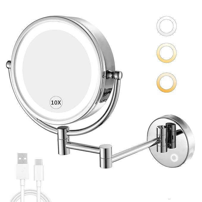 GURUN 8.5 Inch Magnifying Makeup Mirror with 3 Tones Dimmable LED Lights Double Sided Touch Control Rechargeable Vanity Mirror for Bathroom with 10X Magnification M1809DC-T (Chrome/10X)