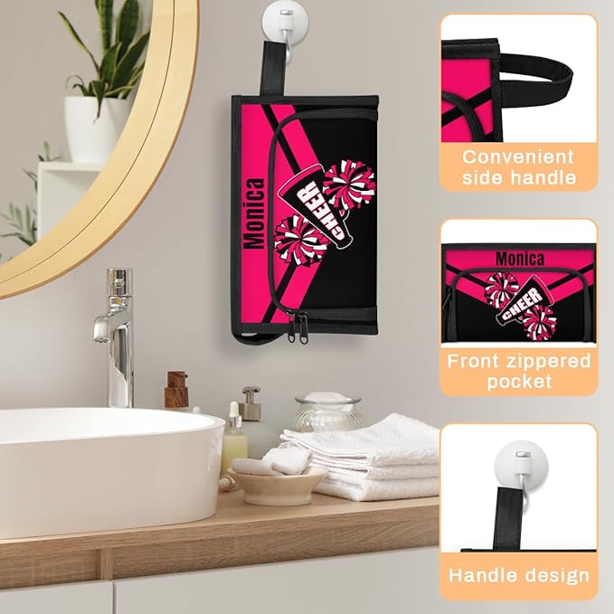 Custom-Makeup-Bag Personalized Travel Toiletry Bag Text Customized Cheer Makeup Bags Cosmetic Bags for Women With Divider & Handle Pink