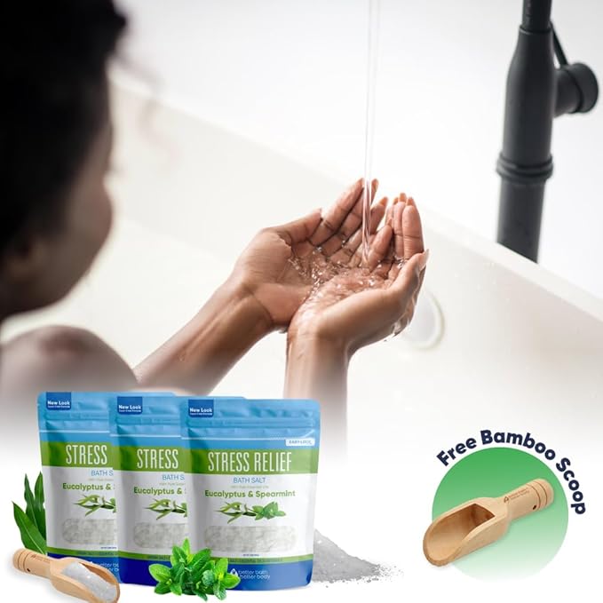 Stress Relief Bath Salt (3 Pack Plus Scoop) Epsom Salt Relaxing Bath with Eucalyptus and Spearmint Essential Oils Plus Vitamin C Crystals in BPA Free Pouch Made in USA 2 lbs Pouches 6 Lbs Total