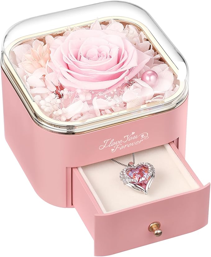 Preserved Real Pink Rose with Angle Wings Necklace, Forever Flowers Gifts for Mom Grandma Wife Girlfriend at Christmas Valentines, Anniversary Birthday Gifts for Women, I Love You Gifts for Her