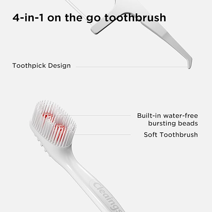 cleaings® Disposable Toothbrushes with Toothpaste - 4-in-1 Mini Travel Toothbrushes, Built-in Tongue Scraper, Floss & Picks for On-The-Go, Camping, Work (Strawberry)