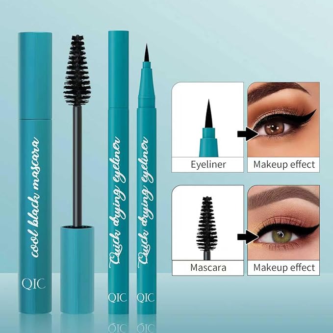 New Extension Mascara & Eyeliner Set, Black Volume and Length Mascara Waterproof Smooth Eyeliner, Smudge-proof Natural No Clumping Smudging Lasting All Day