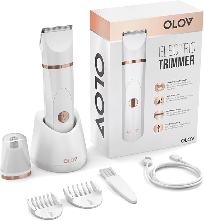 OLOV Electric Body Hair Trimmer - Groin Trimmer for Men - Bikini Trimmer Women - Wet/Dry Shaver Groomer, Replaceable Ceramic Blade Heads, USB Recharge Dock, Waterproof Hygiene Razor, White